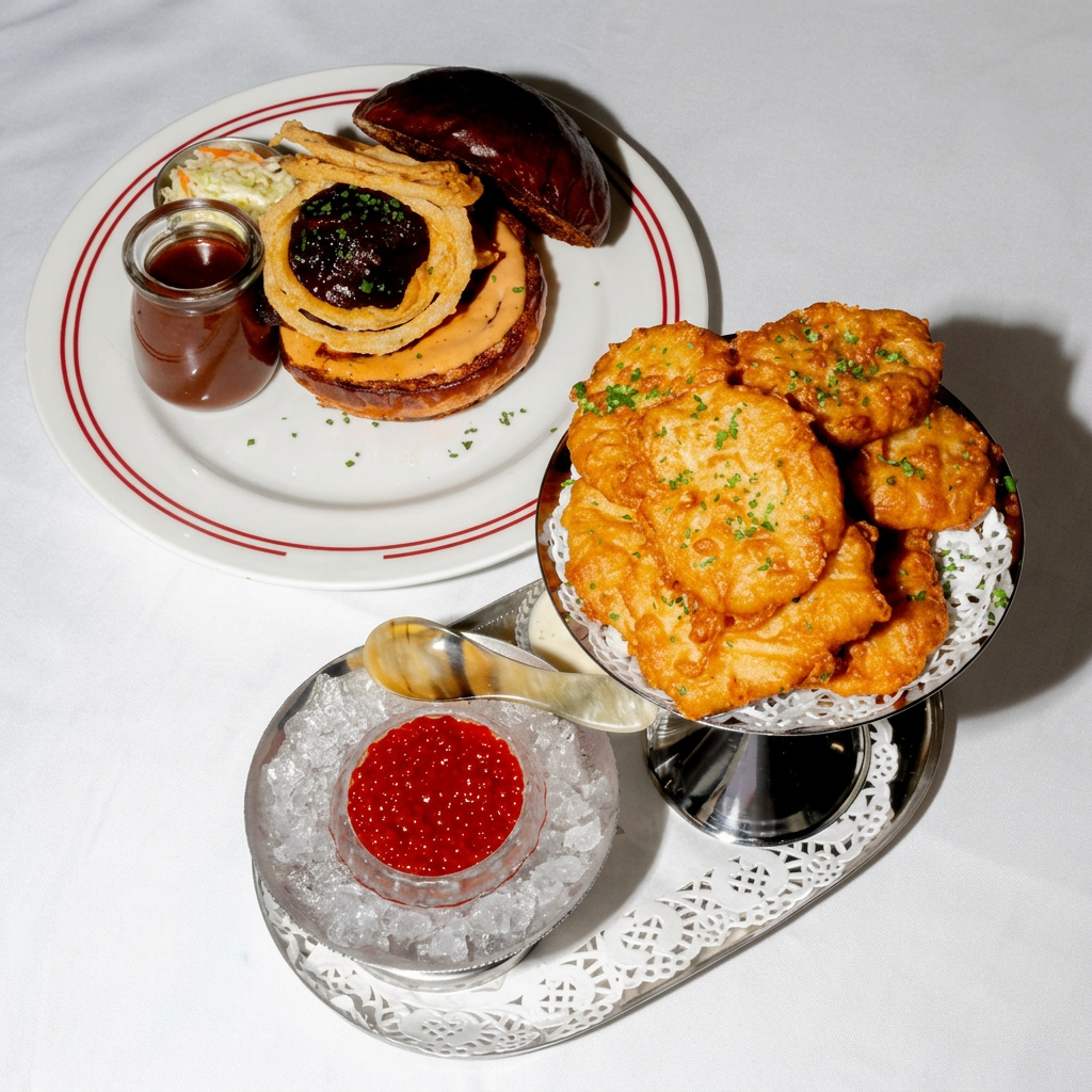 Plated gourmet burger served in a luxury 5-star hotel dining environment