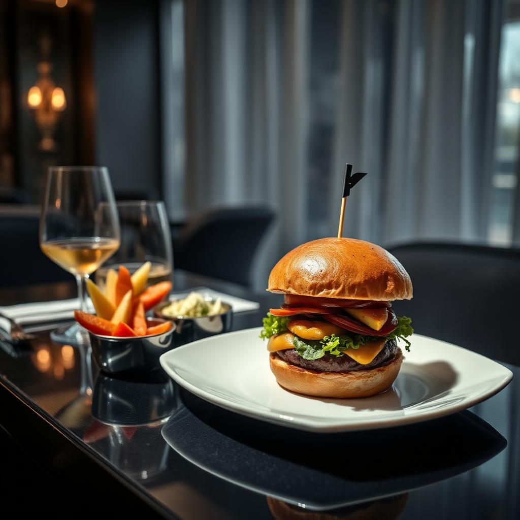 Plated gourmet burger served in a luxury 5-star hotel dining environment